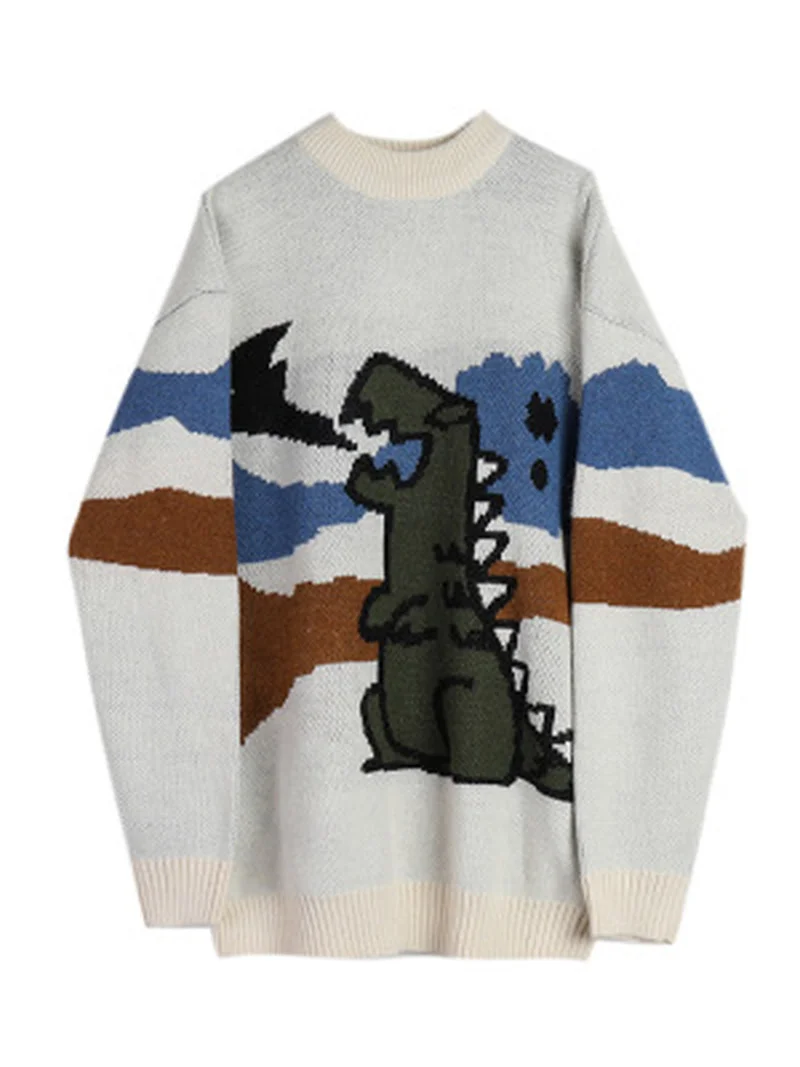 Cute Sweaters Harajuku Dinosaur Kawaii Sweater Women Cartoon Print Cute Japanese Warm Casual Knitted Tops Simple Womens Pullover