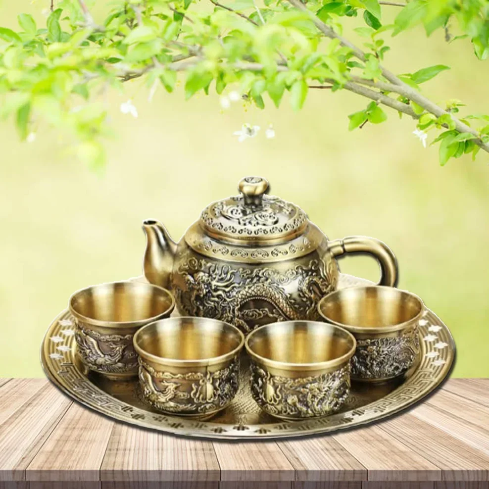 6-Piece Set Bronze Tea  Retro Dragon-Phoenix Teapot Teacup Tray Gift Set European-Style Alloy Tea Set Combination For Home