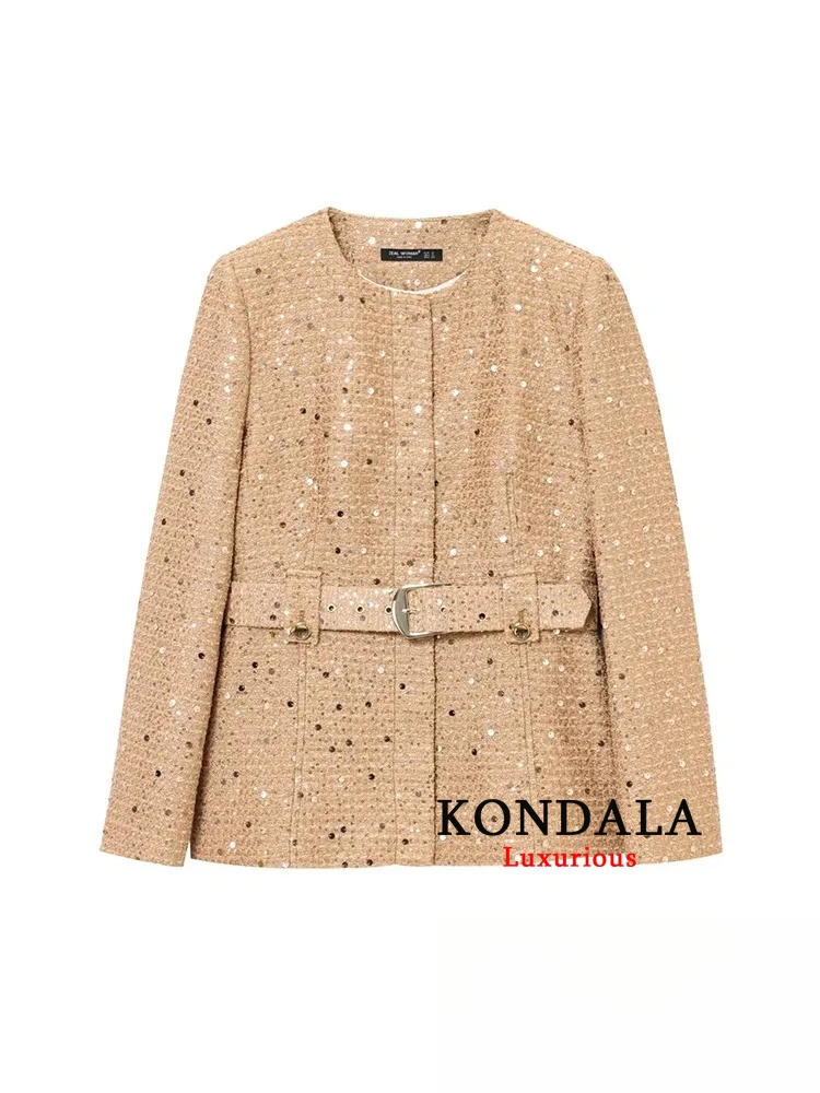 

KONDALA винтажный шикарный женский пиджак, однотонный прямой пиджак с круглым вырезом и длинными рукавами, пояс с блестками, модный весенний офисный женский пиджак 2025 г.