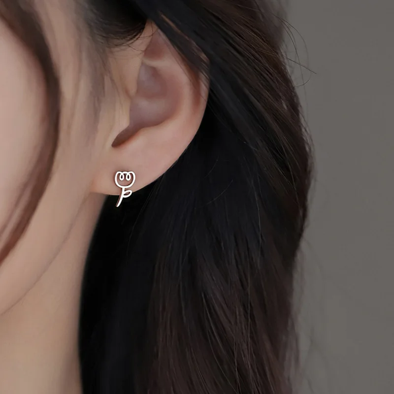 New Cute 925 Sterling Silver Metal Hollowed-out Tulip Stud Earrings for Women Cartoon Flower Jewelry Accessories Gifts Colorfast