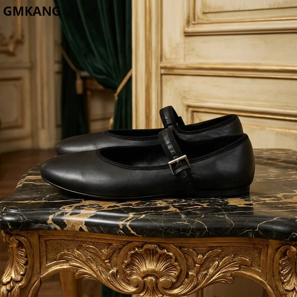 2026 New Mary Jane Shoes Women Round Toe Buckle Strap Ballet Flats Genuine Leather Casual Comfort Soft Sole Daily Walking