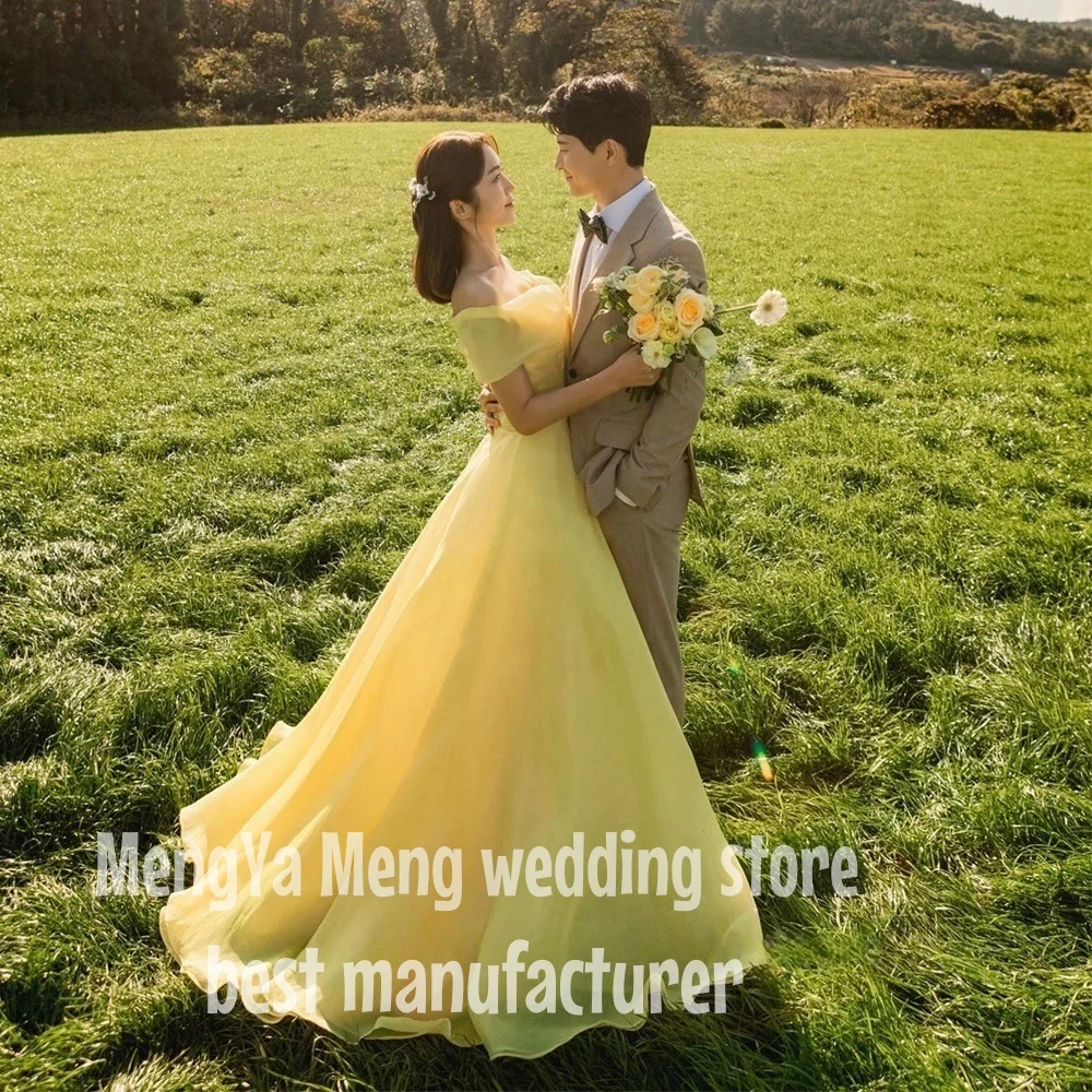 주이슈 2025 심플 옐로우 A라인 롱 프롬 이브닝 드레스 한국 여성 오간자 가든 웨딩 신부 가운 스트링 백 맞춤 제작