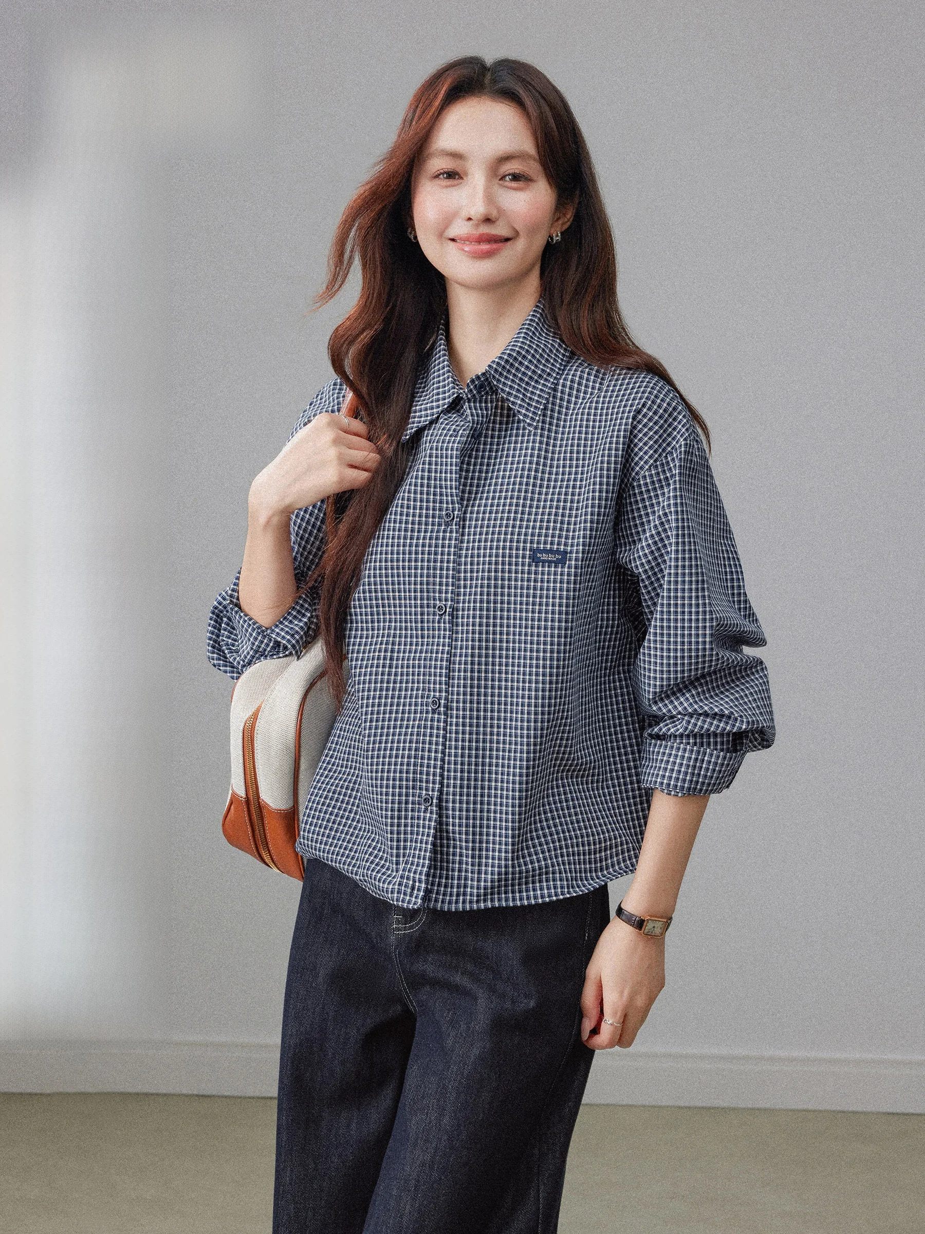 

Повседневная женская рубашка в клетку, весенний дизайн, элегантный синий топ в стиле Miu, модная женская рубашка в клетку