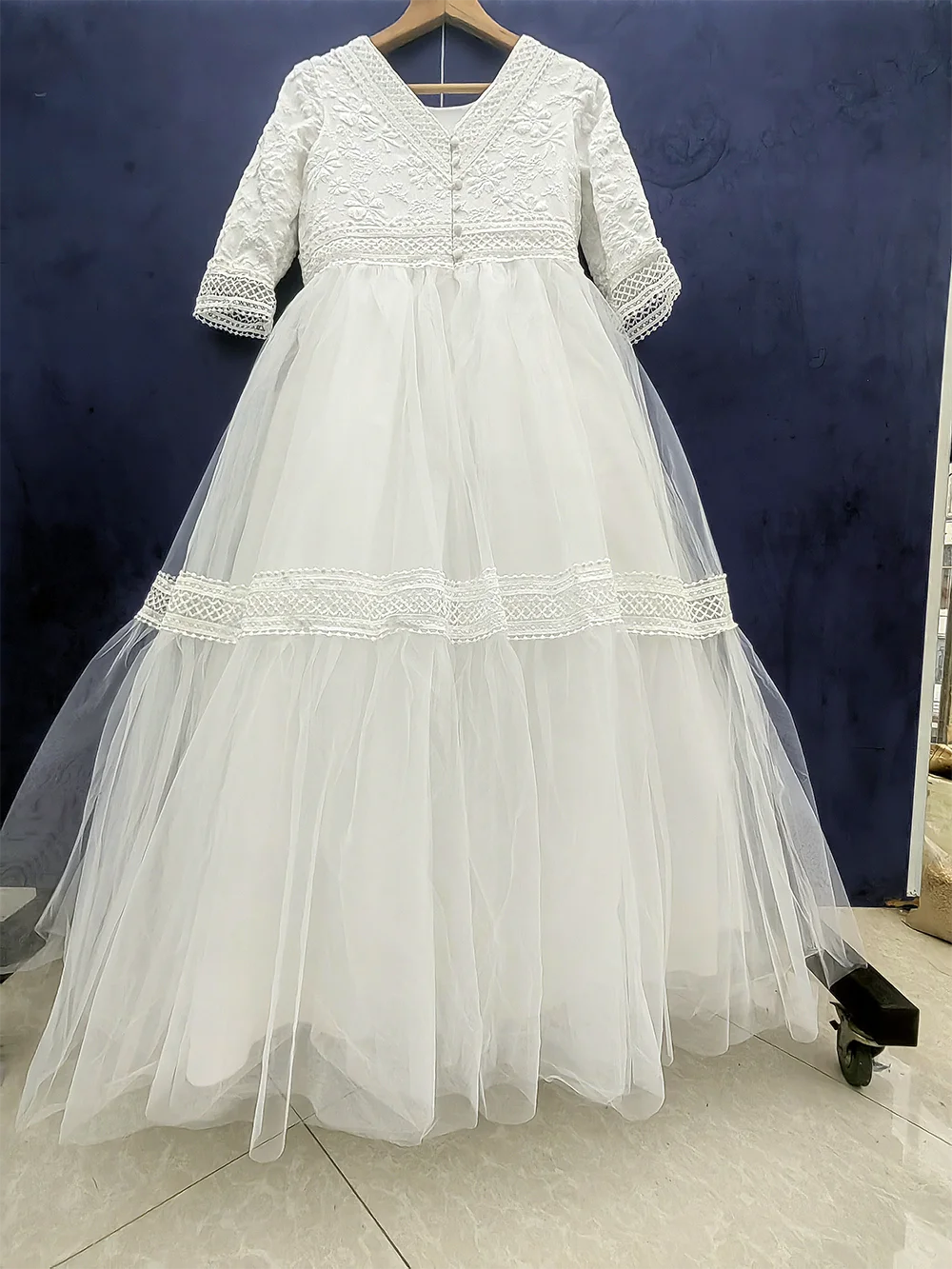 Vestido de niña de flores de encaje blanco, cintura alta, tul largo con cuentas, boda elegante, primer vestido de fiesta de cumpleaños eucarista para niños