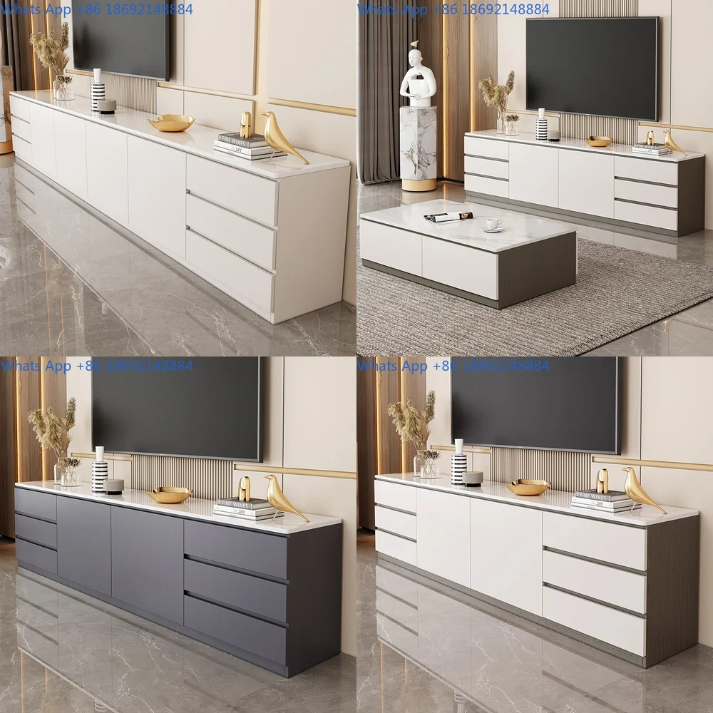 

Living Room TV Stand Floor Storage Cabinet with Stone Top 6 Drawer Modern Minimalist Solid Wood Design