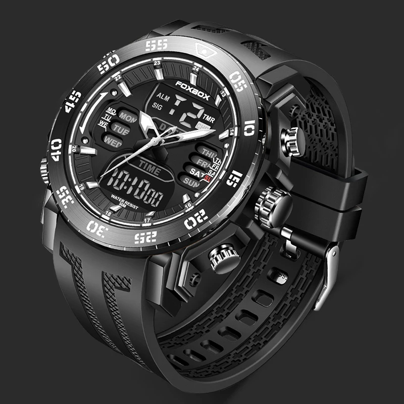 FOXBOX Top Luxury Men\'s Quartz Watches Waterproof Men Military Sport Watch Dual Display Luminous Wristwatch Relogios Masculino