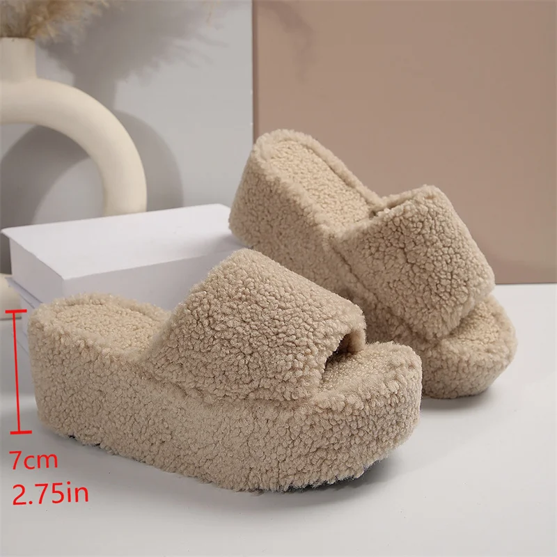 Autumn Winter Wedge Fluffy Slippers Woman 2024 New Home Fur Slippers for Women Chunky Platform Slides Cozy Fuzzy Indoor Shoes