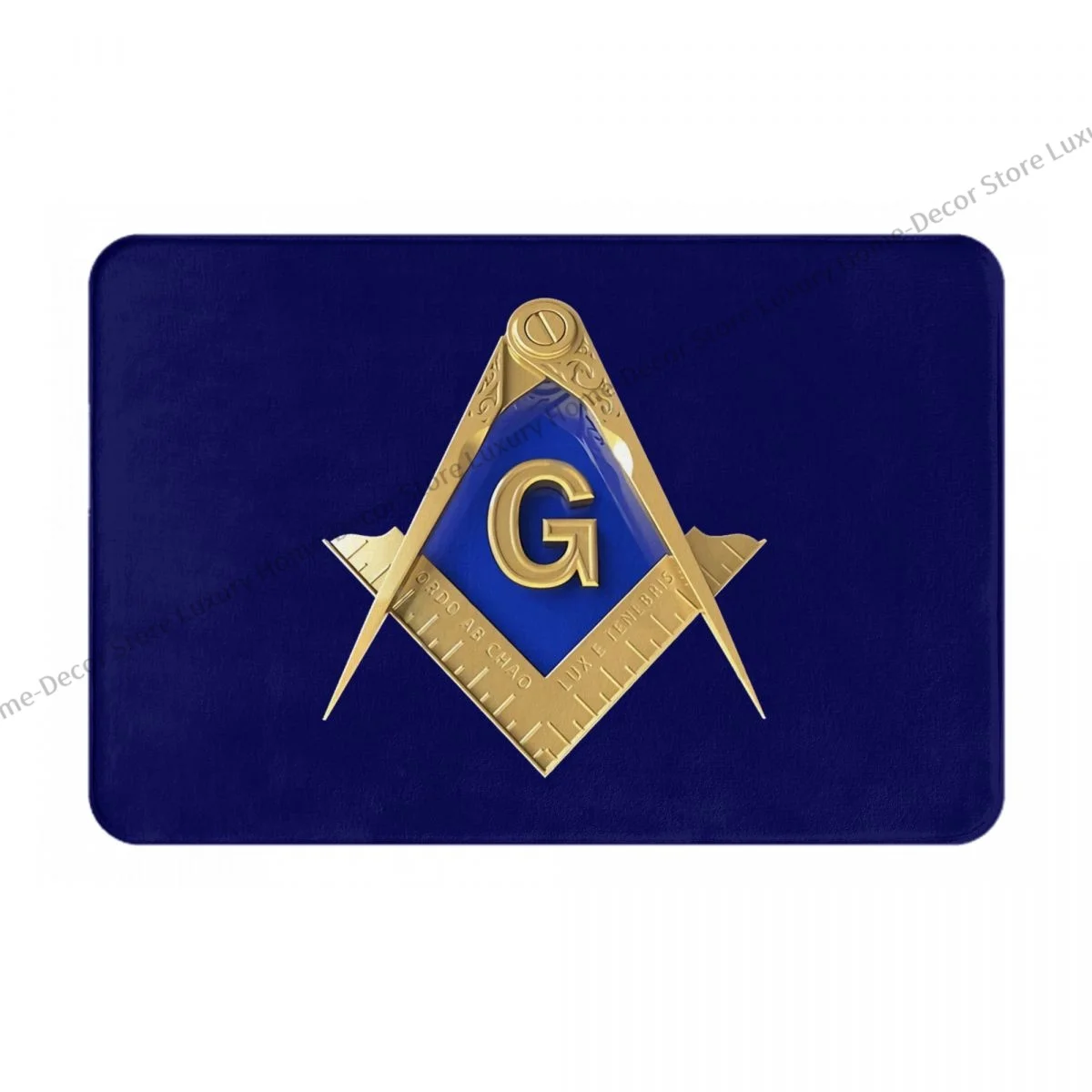 Non-slip Doormat Freemason Gold Square Compass Blue Background Masonic Bath Kitchen Mat Outdoor Carpet Indoor Modern Decor