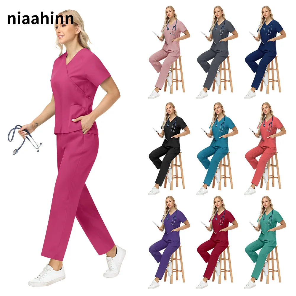 

Niaahinn 10 Colors Stretch Tops Straight Pants Pet Clinic Nursing Scrubs Uniforms Sets Women Medical Uniform Summer Surgery Suit