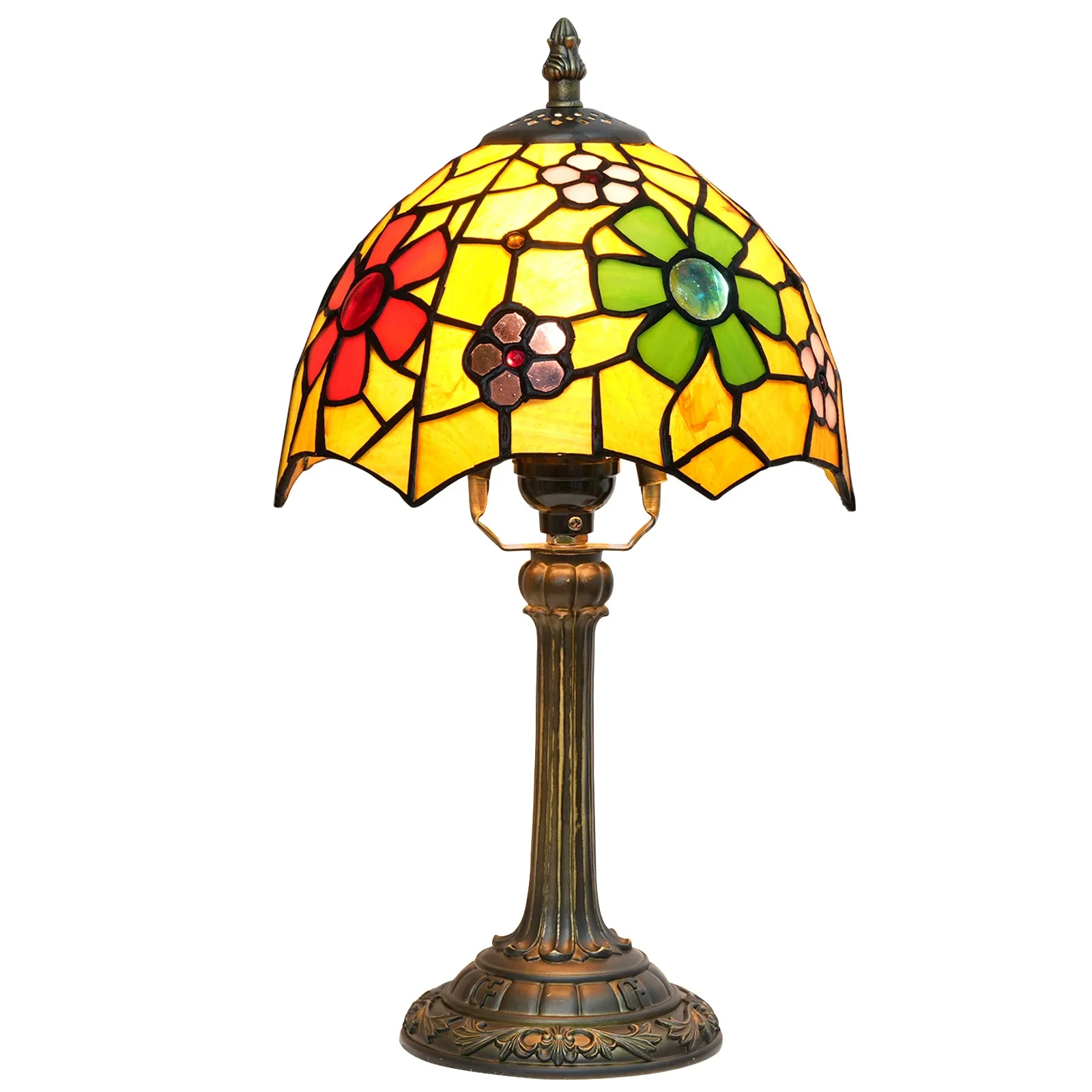 8inch 20cm American Tiffany Stained Glass Table Lamp Garden Cherry Blossom Warm Color Lampshade Bedroom Bedside Desk Lamp