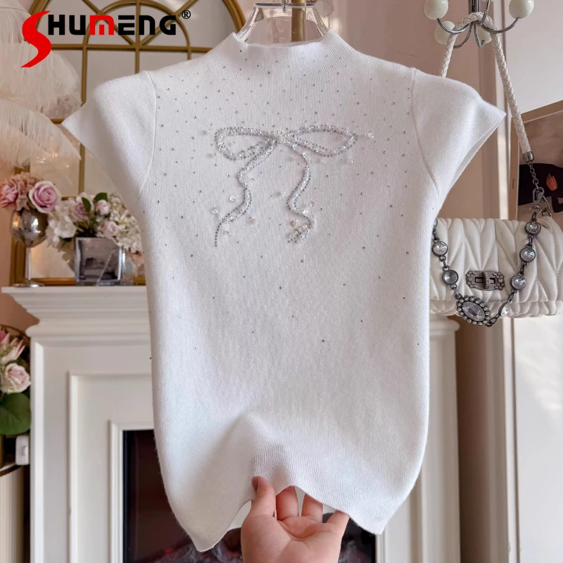 

Fashion Sweet Temperament Knitted Sweaters Women's 2026 Spring New Diamond Decoration Knitwear Tops Bow Slim Comfort Sweaters