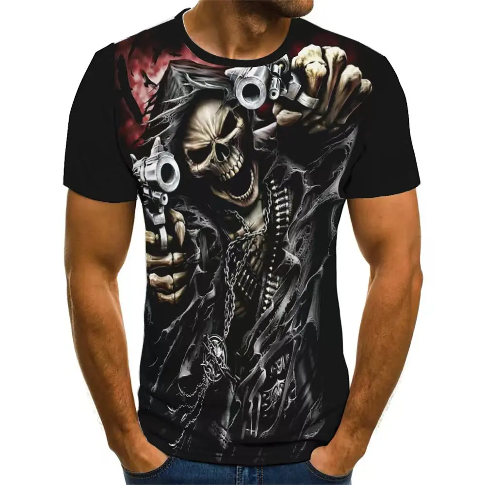 الرجال الجماجم الجرافيك الاتجاه تي شيرت قصيرة الأكمام ثلاثية الأبعاد الهيكل العظمي المطبوعة الشارع الذكور تي شيرت الصيف س الرقبة ملابس علوية من القطن عادية كبيرة
