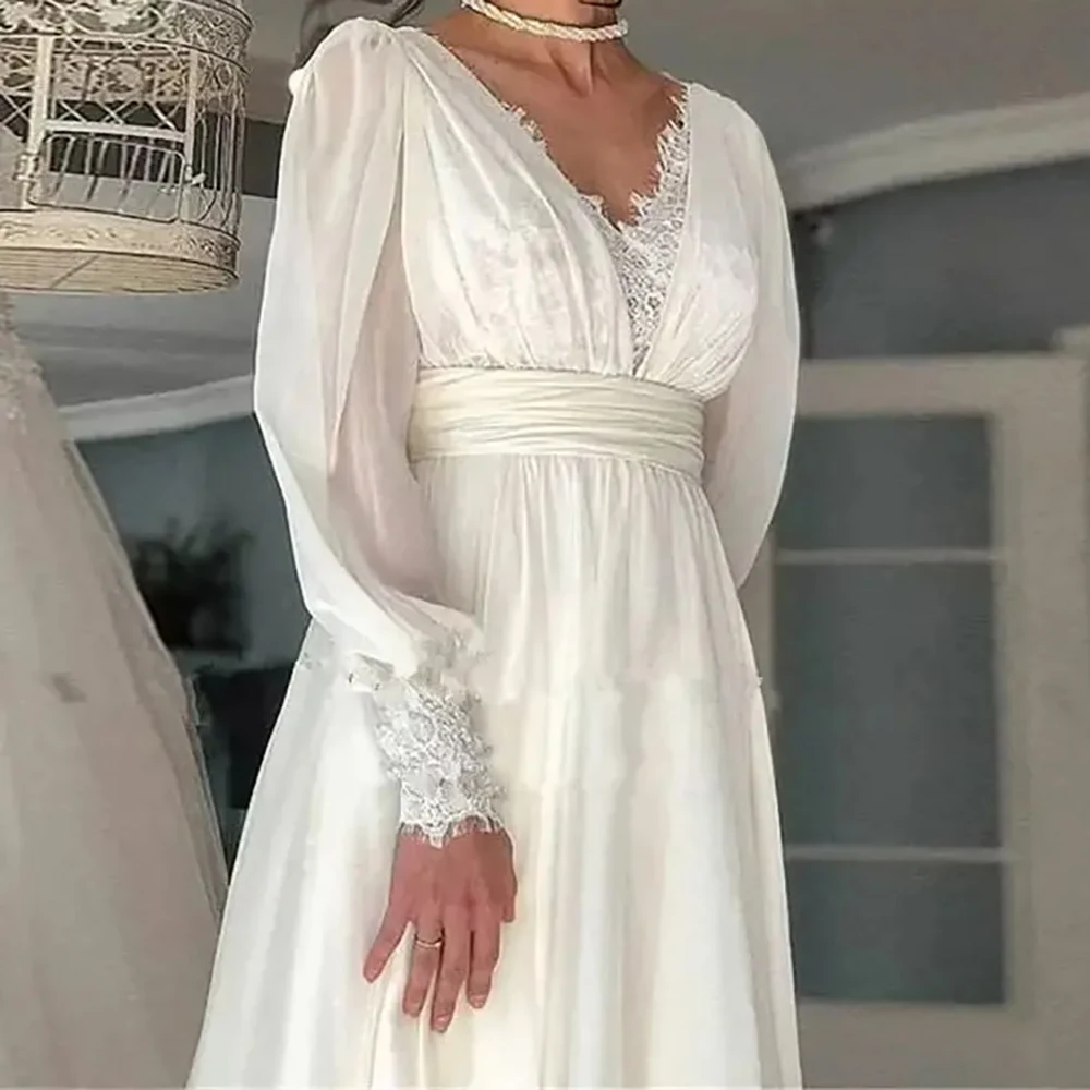 

Exquisite Long Sexy Robes For Bride Puff Full Sleeves Backless Sashes V-Neck Bridal Gowns Wedding Dresses Customized