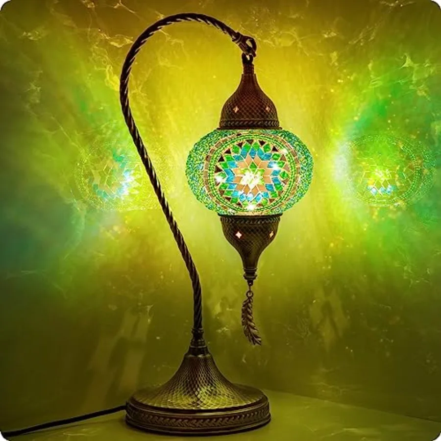 

Turkish Moroccan Mosaic Table Lamp with Bronze Base - 3 Color Options Handmade Swan Neck Tiffany Mosaic Glass Bedside Lamps for