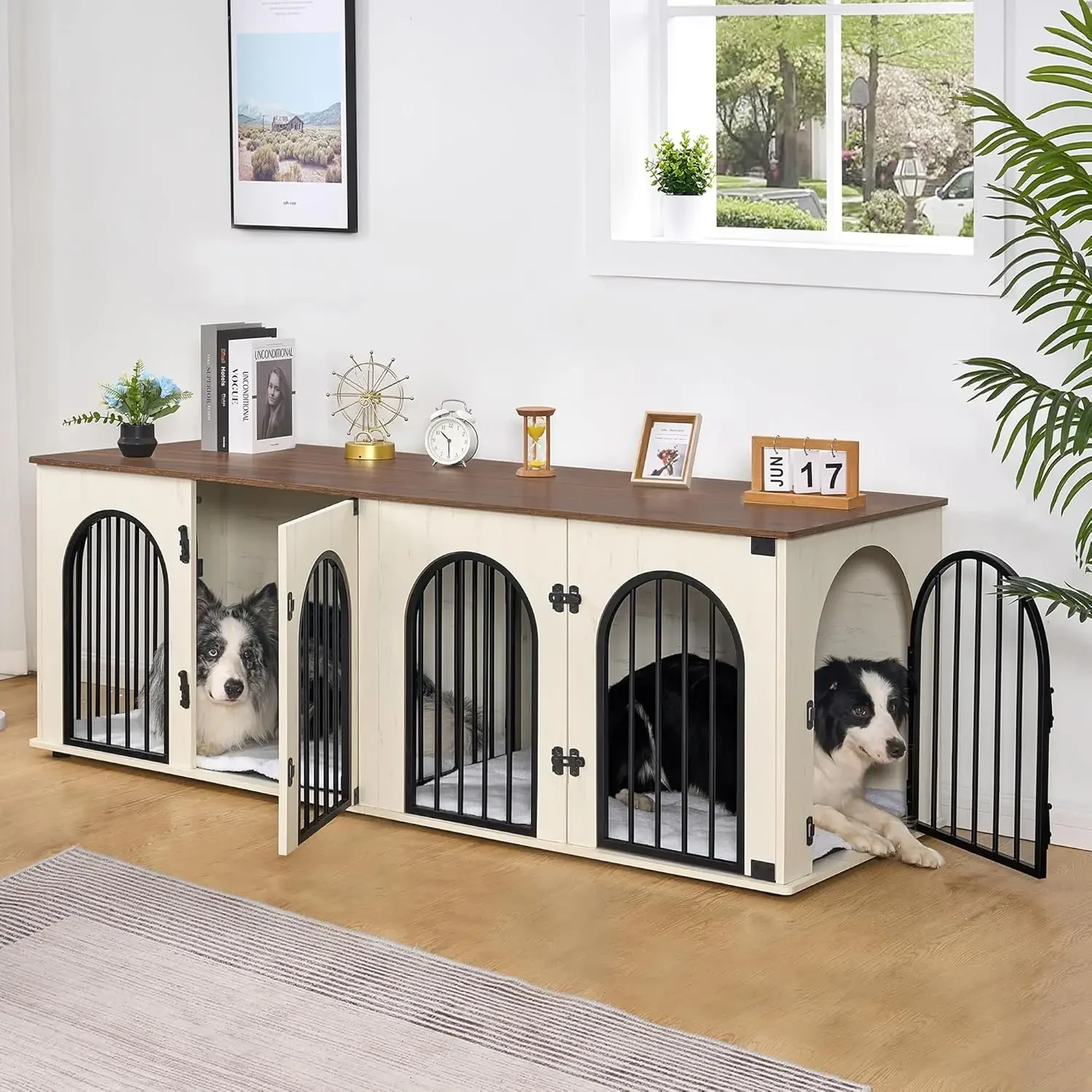 Muebles para cajas para perros, perrera para perros de alta resistencia de 71 pulgadas con divisor, almohadillas, mesa auxiliar, mueble para TV, antifugas, blanco y marrón