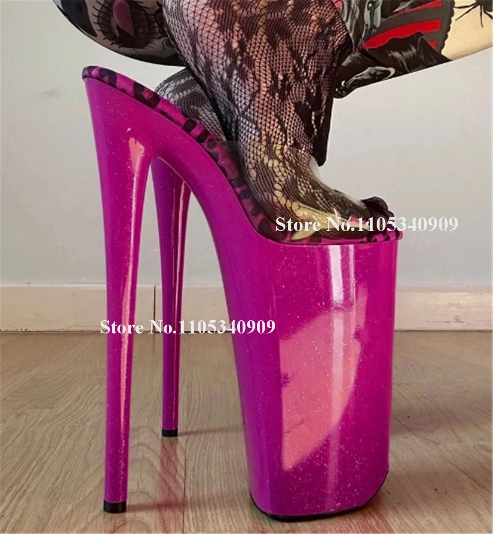 

Bondarenko Sexy Rose Pink Leopard Stiletto Heel Slippers Peep Toe Clear PVC High Platform 23cm Thin Heel Sandals Dance Shoes