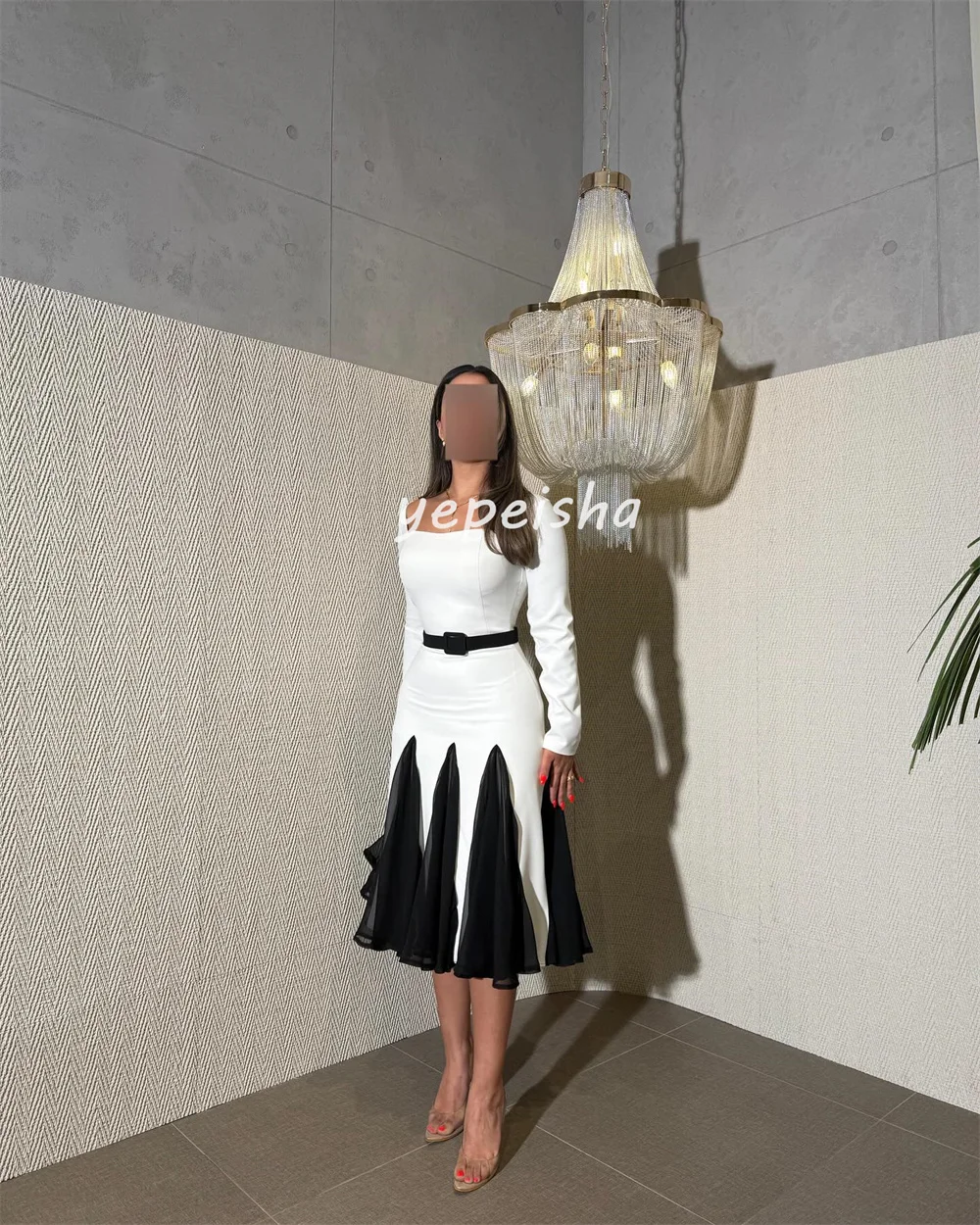 Customized Modern Style High quality Jersey Sash Ruched Straight Square Neck Tea Length Dresses Bespoke Occasion Dresses Casual image 2