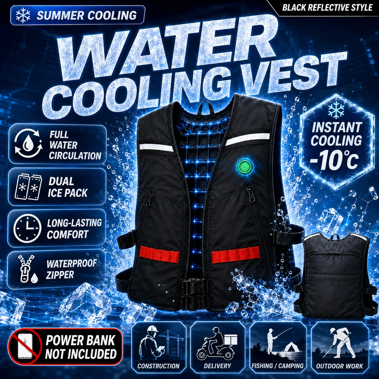 Water Cooling Vest with 5 Ice Packs, Reflective Circulation Cooling Work Vest for Construction Fishing, Power Bank Not Included