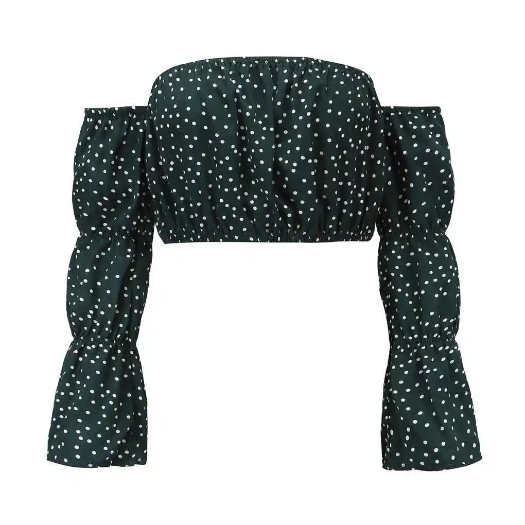 المرأة دوت طباعة قبالة الكتف المحاصيل الأعلى طويلة الأكمام بلوزة قصيرة مرنة #1