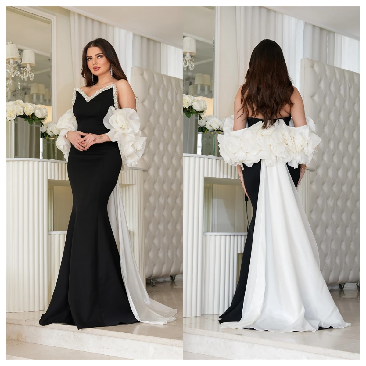 فستان سهرة جيرسي أسود رقيق مخصص بدون حمالات وأكمام قابلة للفصل لحفلات العودة للوطن مطرز بالخرز فساتين المناسبات الخاصة