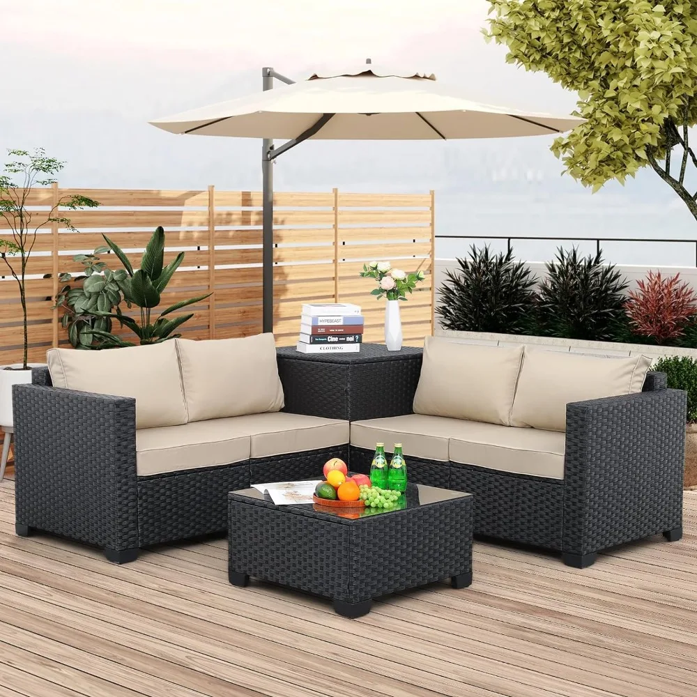 

Outdoor PE Wicker Patio Furniture Set 4 Piece Black Rattan Sectional Sofa Conversation Couch Sets with Storage Box Glass