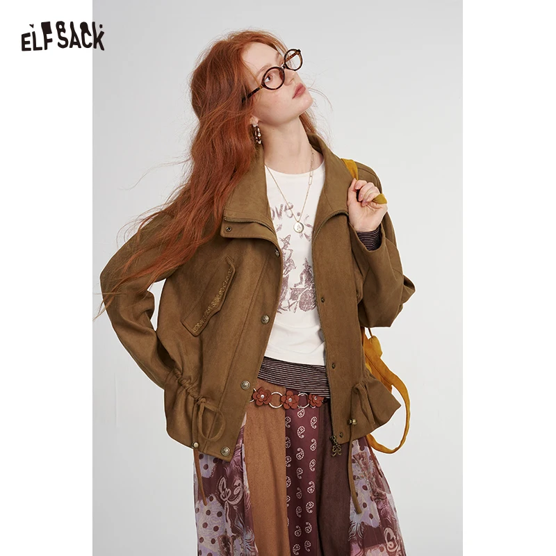 ELFSACK Women's Vintage Stand Collar Jacket with Drawstring Waist, Retro Pocket Outerwear for Daily Wear, Casual Long Sleeve Coa