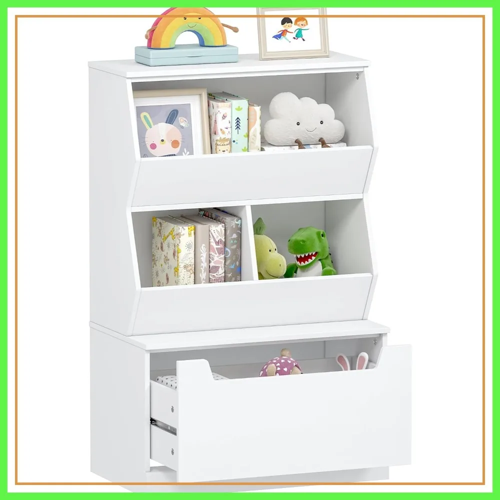 

Kids Toy Storage Organizer Bookshelf with Drawer, Children Open Cubby for Playroom Nursery White