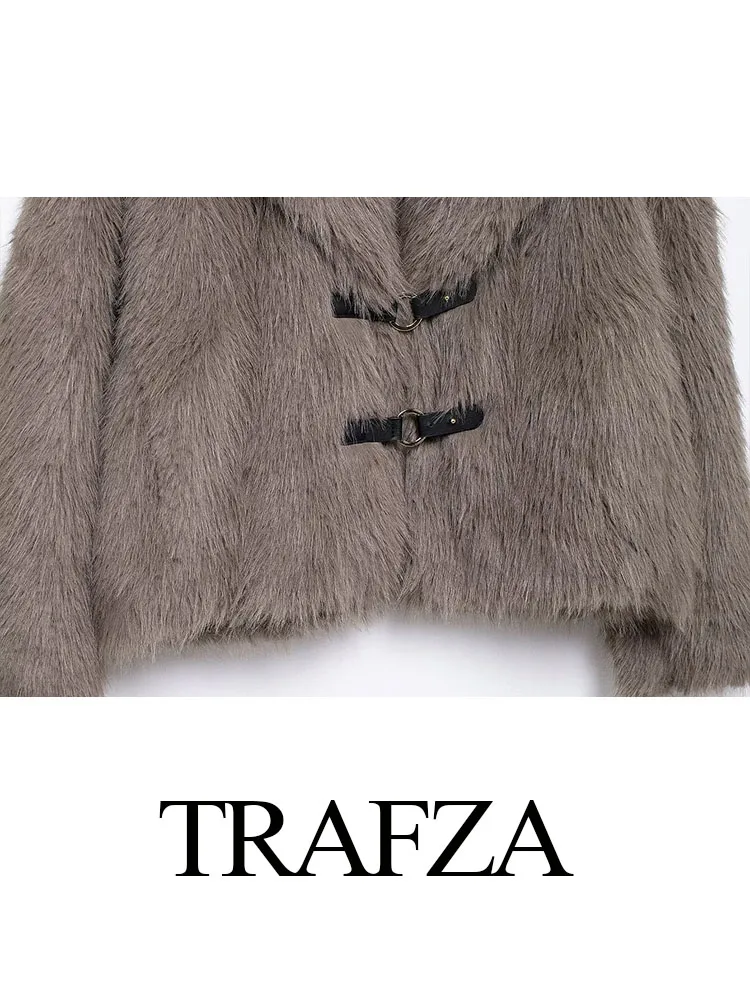 TRAFZA Elegant Woman Winter Turn-Down Collar Long Sleeve Warm Loose Outerwear Women Short Faux Fur Jackets Casual Coat Mujer