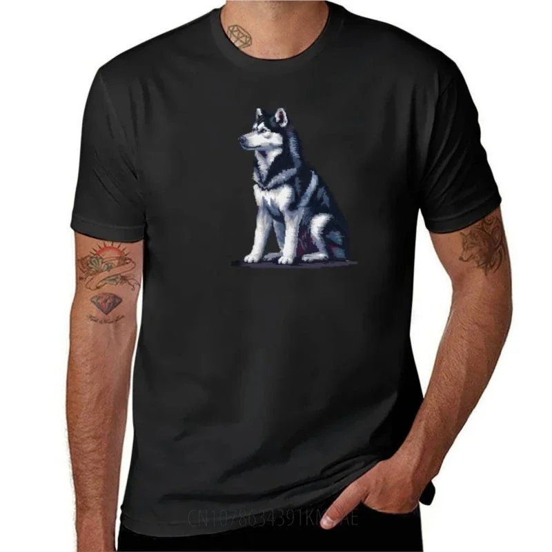 Pixel Portrait Siberian Husky T-Shirt summer tops graphics Men's cotton t-shirt