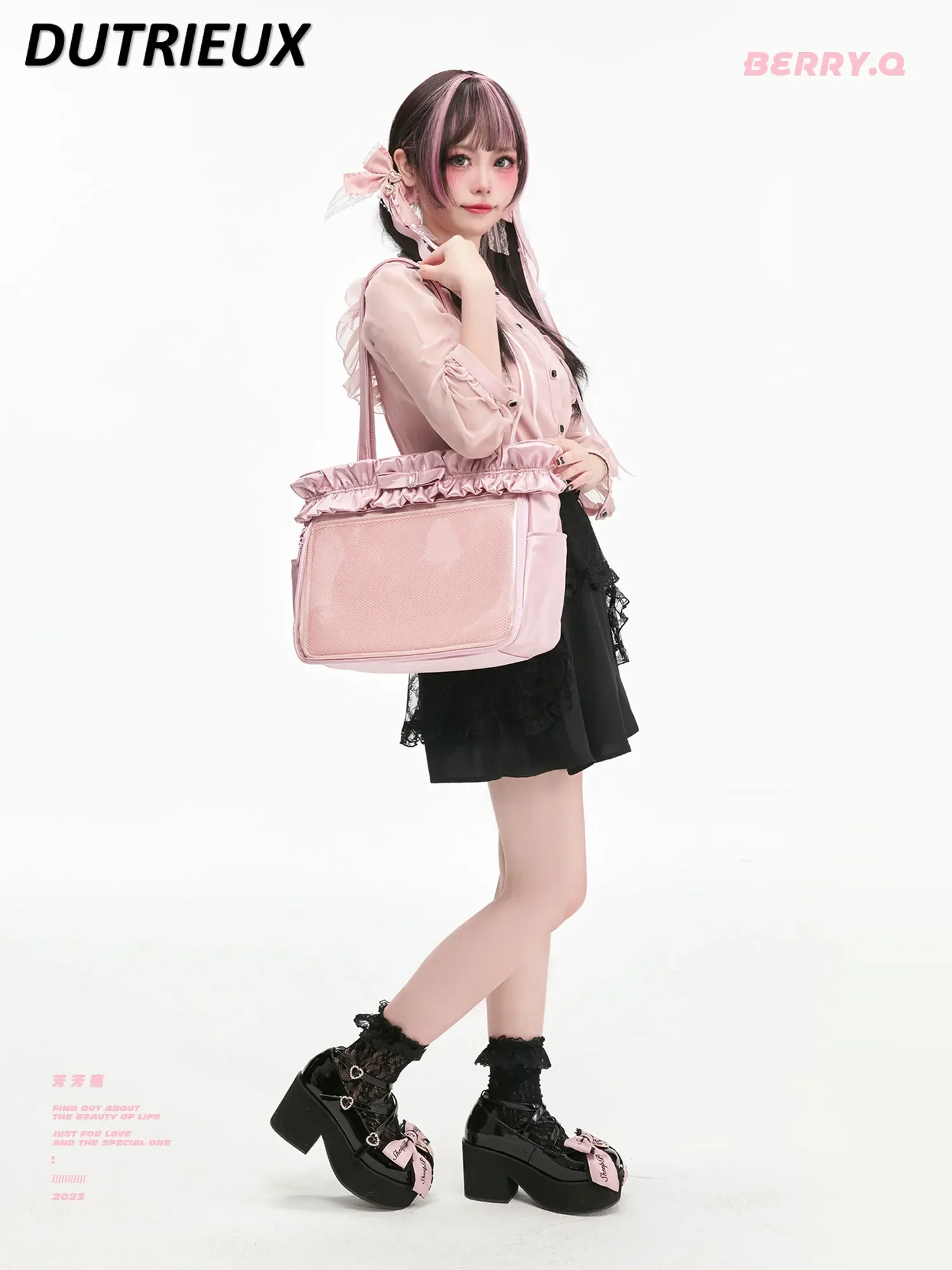 14-Inch Large Capacity Satin Shoulder Lace Handbag New Solid Color Bow Everyday Joker Sweet Girl Shoulder Bag Cosmetic Bags