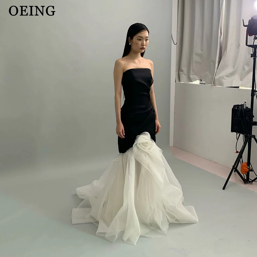 OEING Simple Black And White A Line Evening Dresses Elegant Korea Tulle Tiered Prom Gowns Formal Wedding Party Dress Photo Shoot