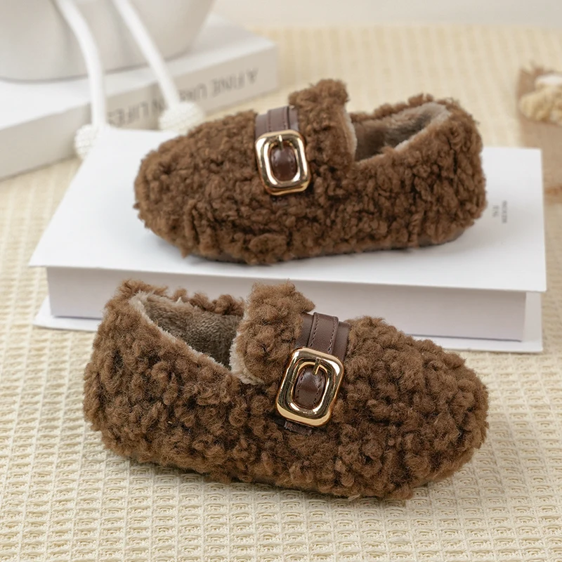 Kids Furry Winter Loafers Metal Buckle Decor Warm Fleece Lining Soft Non‑Slip Rubber Sole Lightweight Girls Daily Casual Shoes