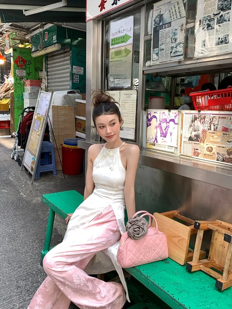 

DULA Good Home New Chinese Sle National Trend Floral Embroidery Ne Hanging Vest Women Summer Slim Front Slit Midi Top