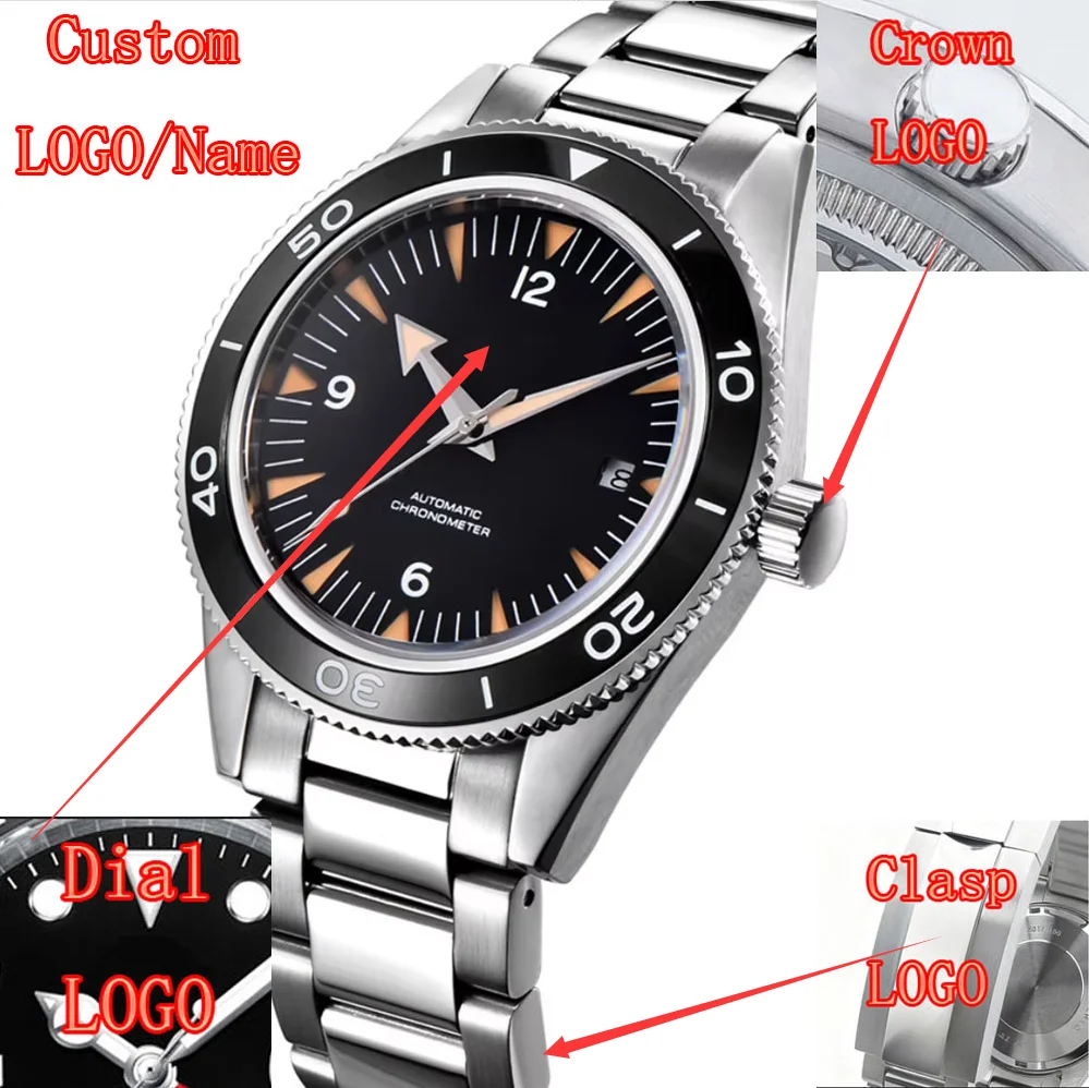 41mm 맞춤형 로고 NH35 남성 시계 자동 손목시계 스틸 브레이슬릿 나일론 가죽 밴드 미요타 DIY 개인화 시계