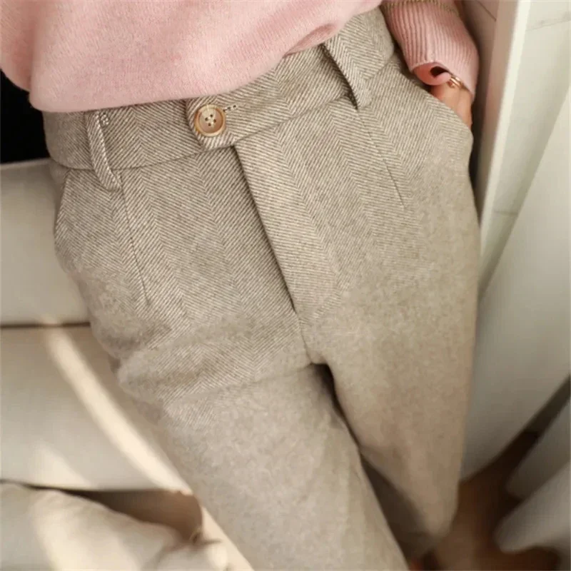 Fashion Woolen Harem Pants Women Autumn Winter High Waisted Casual Suit Trousers Office Lady Elegant Slim Fit Outwear Pants New