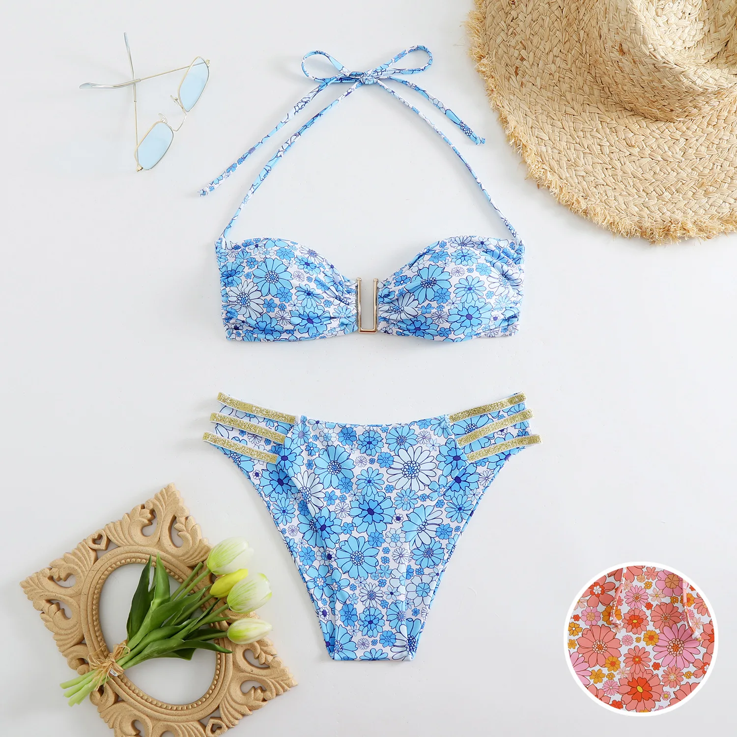 

Bathing Suit Women European And American Swimwear Sexy Tight Floral Backless High Elastic Women's Split Swimsuit Set