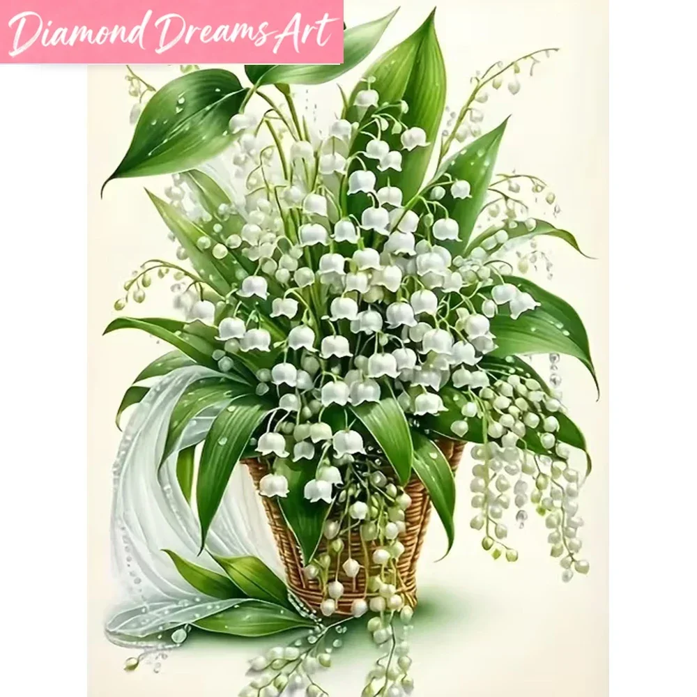Rahmenloses, diamantbesetztes Blumen-Stickbild „Maiglöckchen“ – Mosaik aus Strasssteinen mit Topfpflanzen – Neu eingetroffen – Wanddekoration