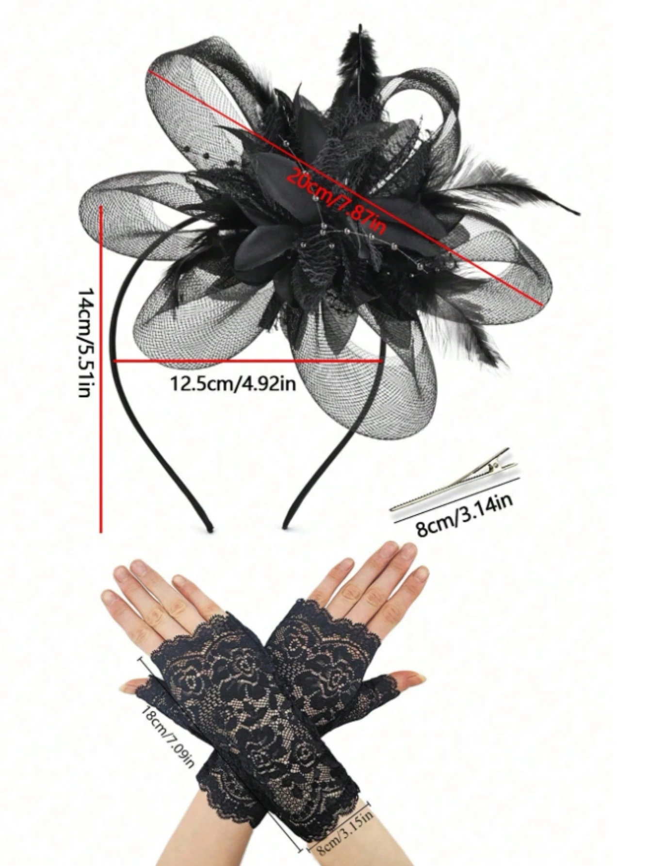 Vintage Fascinator Hat Set Navy Blue Feather Flower Mesh Headpiece Lace Fingerless Gloves for Women Cocktail Tea Party Wedding B