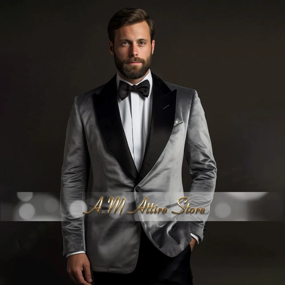 

Men's Grey Velvet Suit 2pcs Dinner Jacket and Pants Custom Set Elegant Formal Wear for Sophisticated Occasion Wedding Prom Party