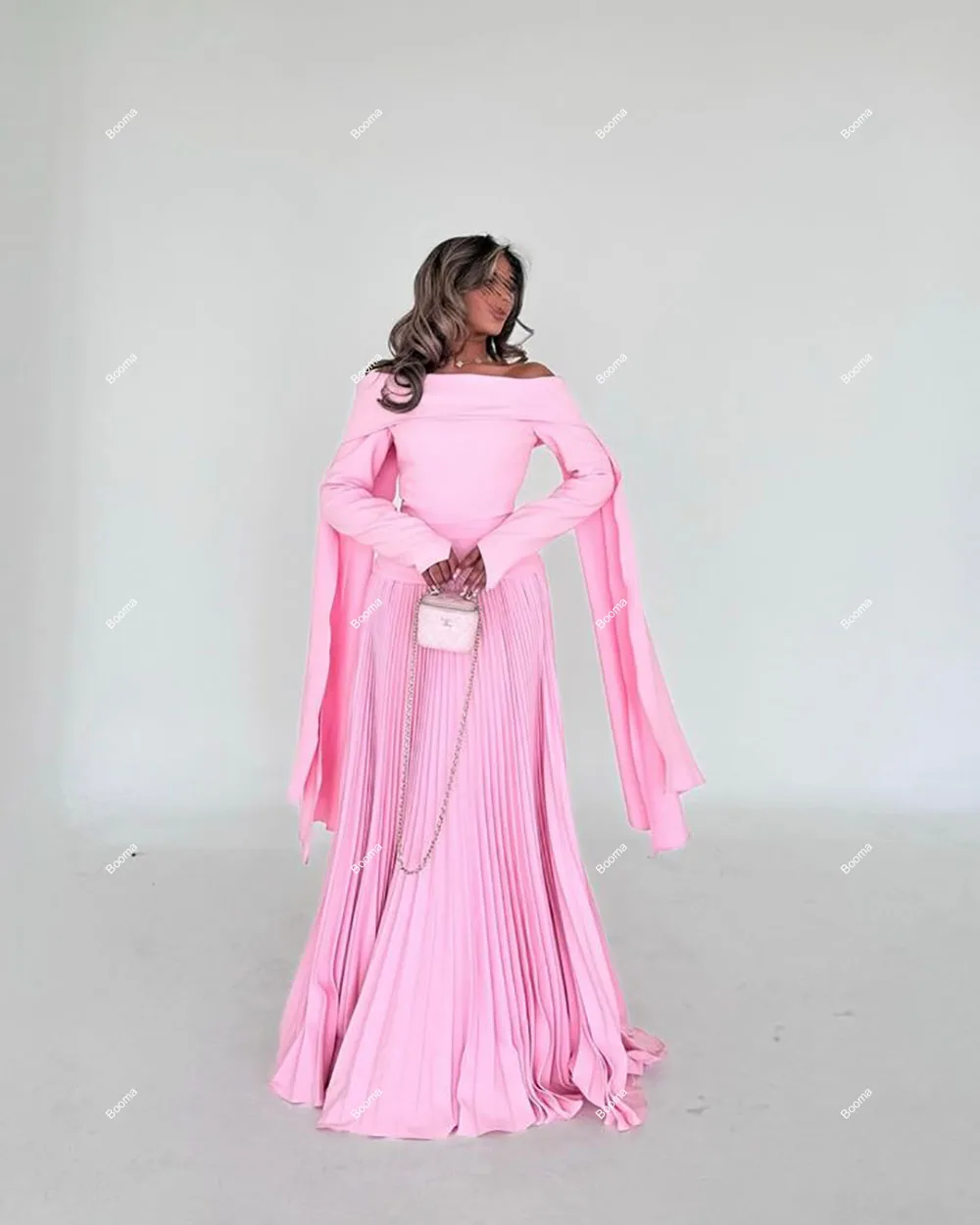 Booma Pink A-Line Evening Dresses Boat Neck Pleats Long Sleeves Formal Occasion Dresses for Women Saudi Prom Gowns Customized