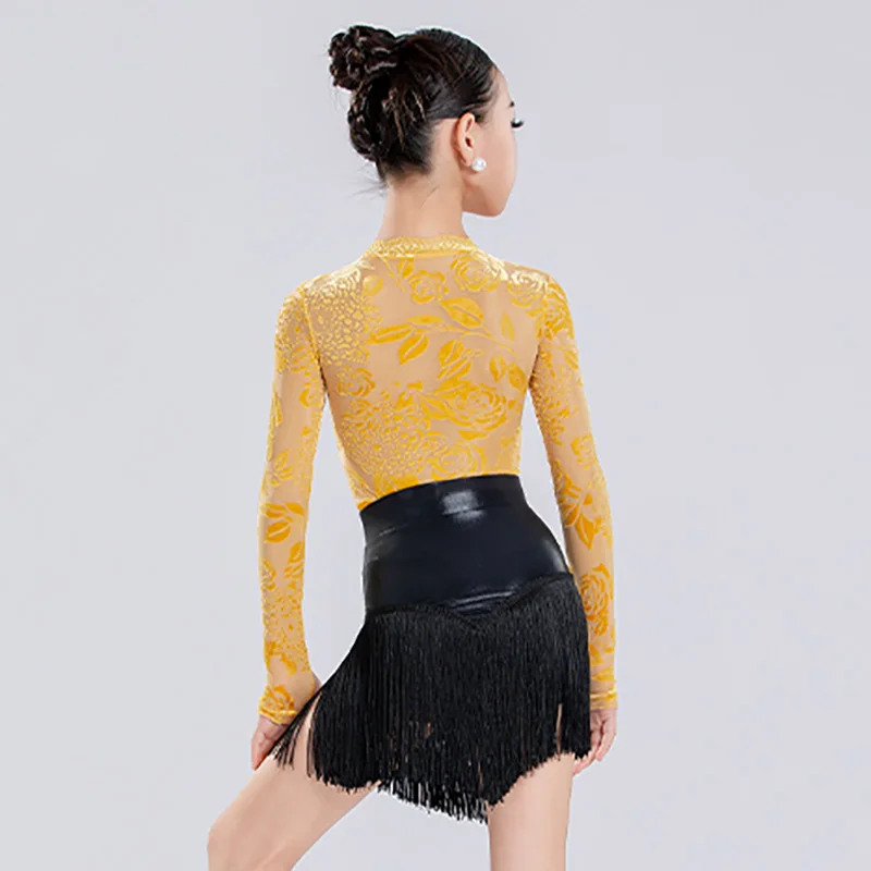 Crianças meninas trajes de dança latina amarelo impressão manga longa renda bodysuit e prática borla saias ternos salão rumba dancewear