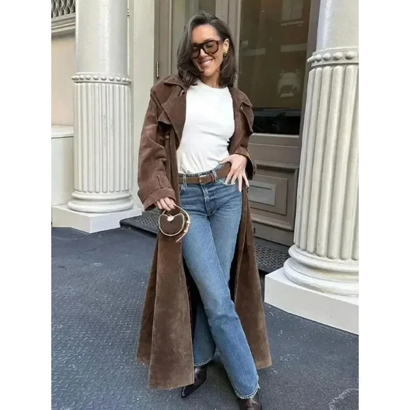 Elegant Brown Belted Waist Long Coat Double Breasted High Street Autumn Fashion Full Sleeve Outwear Female Retro Jacket