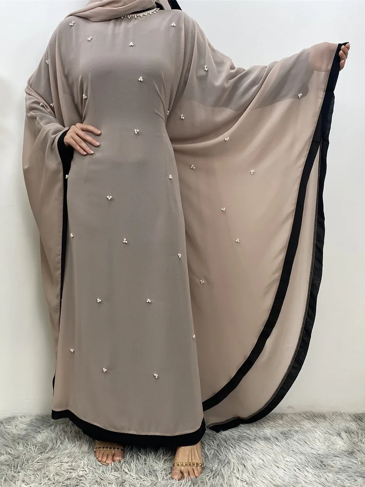 

2025 Middle East Turkey Fashion Chiffon Patchwork Elegant Loose Muslim Robe Bat Sleeve Dress W001
