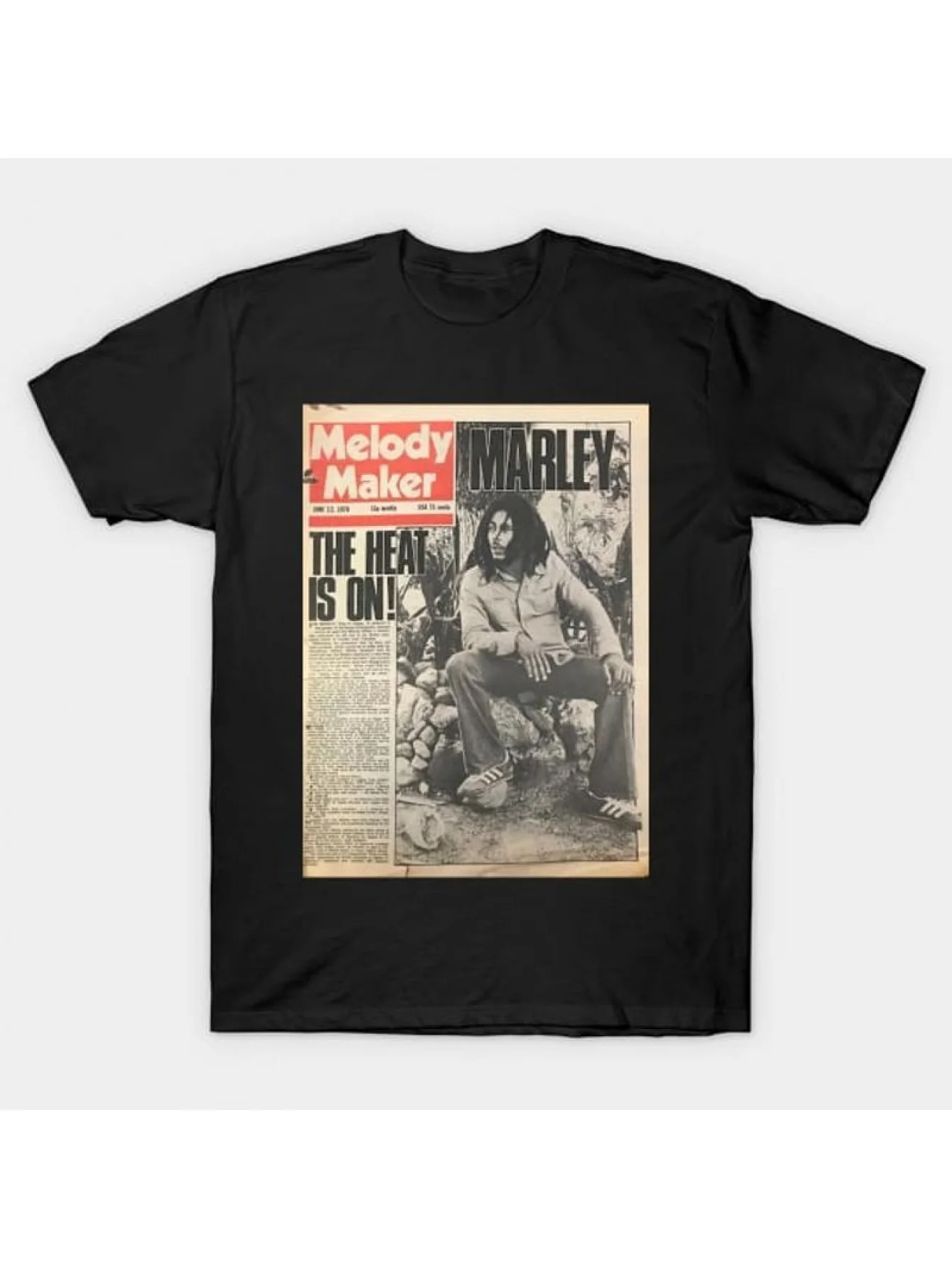 

Reggae Music Theme T-Shirt, Comfortable, Regular Fit, Crew Neck, Short Sleeve, Vintage Newspaper Design, Reggae Themed Appare