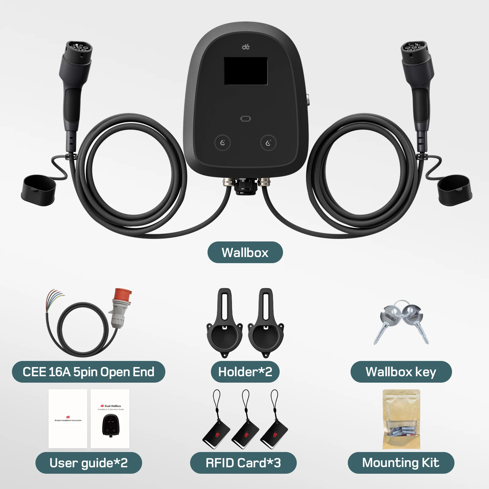 dé شاحن مزدوج Wallbox 11kW X 2 EV مع كابل 7m و10m من النوع 2 3-Phase 6A-32A App OCPP RFID للتحكم في بطاقة التحميل الديناميكي