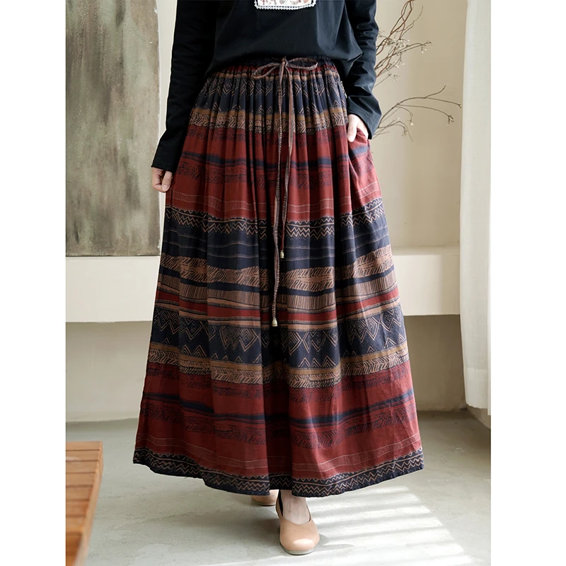 

Осень 2024, Новое поступление, женская повседневная свободная клетчатая юбка трапециевидной формы в стиле арт-стиль, высококачественные хлопковые льняные юбки до щиколотки Y134