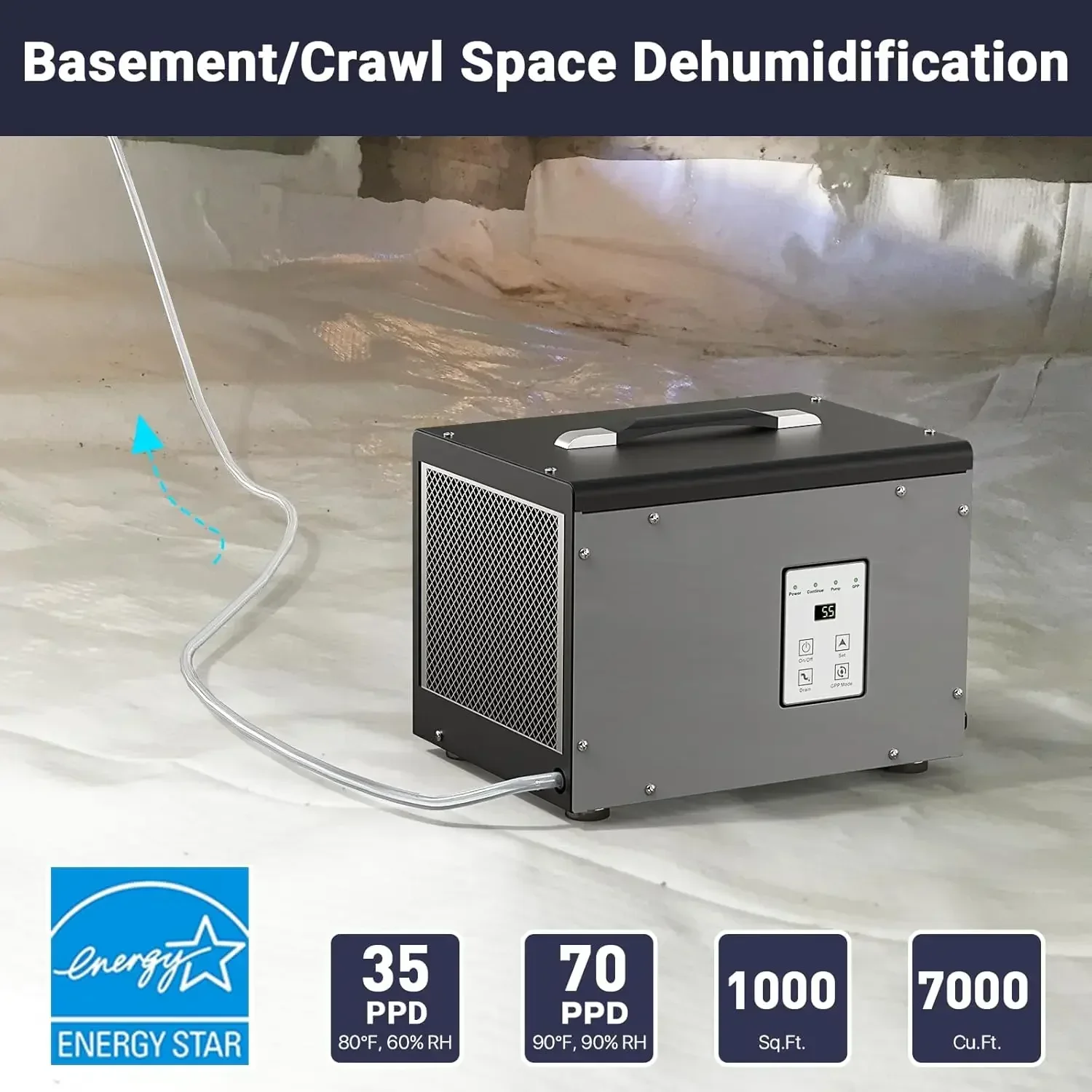 Crawl Space/Basement Dehumidifier | 70 Pint Commercial Dehumidifiers with Pump & Hose | Up to 1000 Sq Ft | Auto Defrost