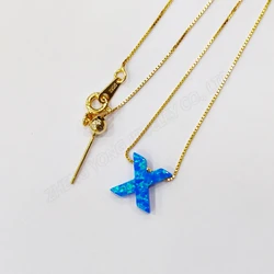 A to Z Pendant Box Chain Blue Opal Gemstone 925 Sterling Silver Letter Necklace