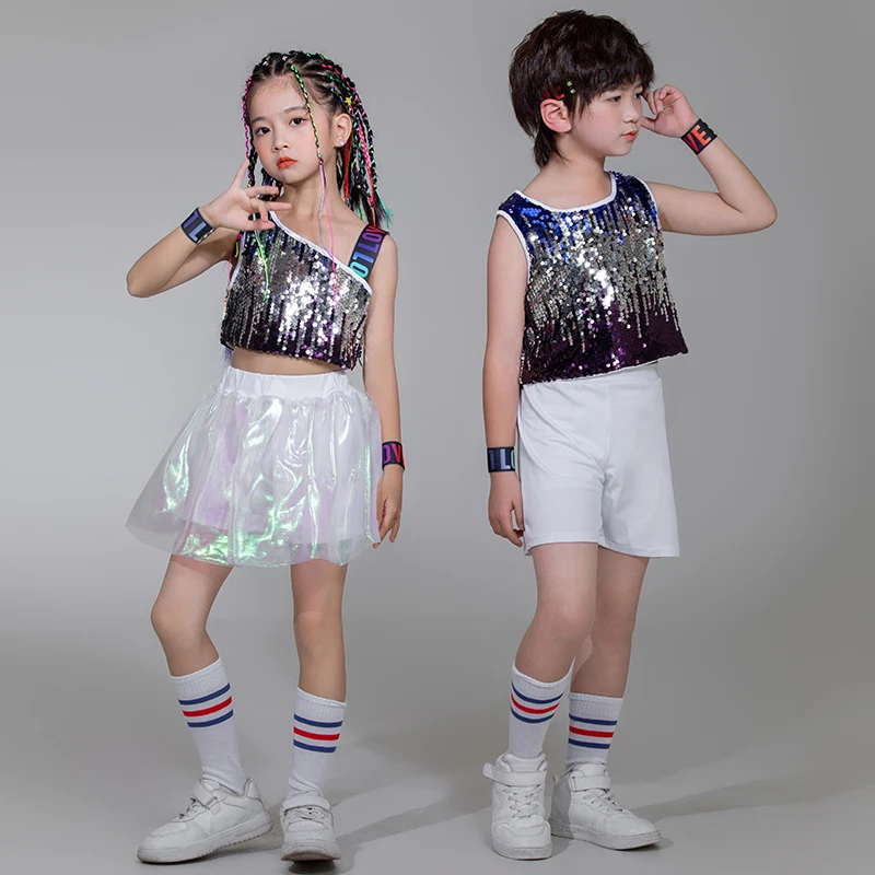 Children Cheerleading Uniform Performance Costumes Boy Girls Sequins Street Dance Hip Hop Clothing Kids Sequins Jazz Dance Suits