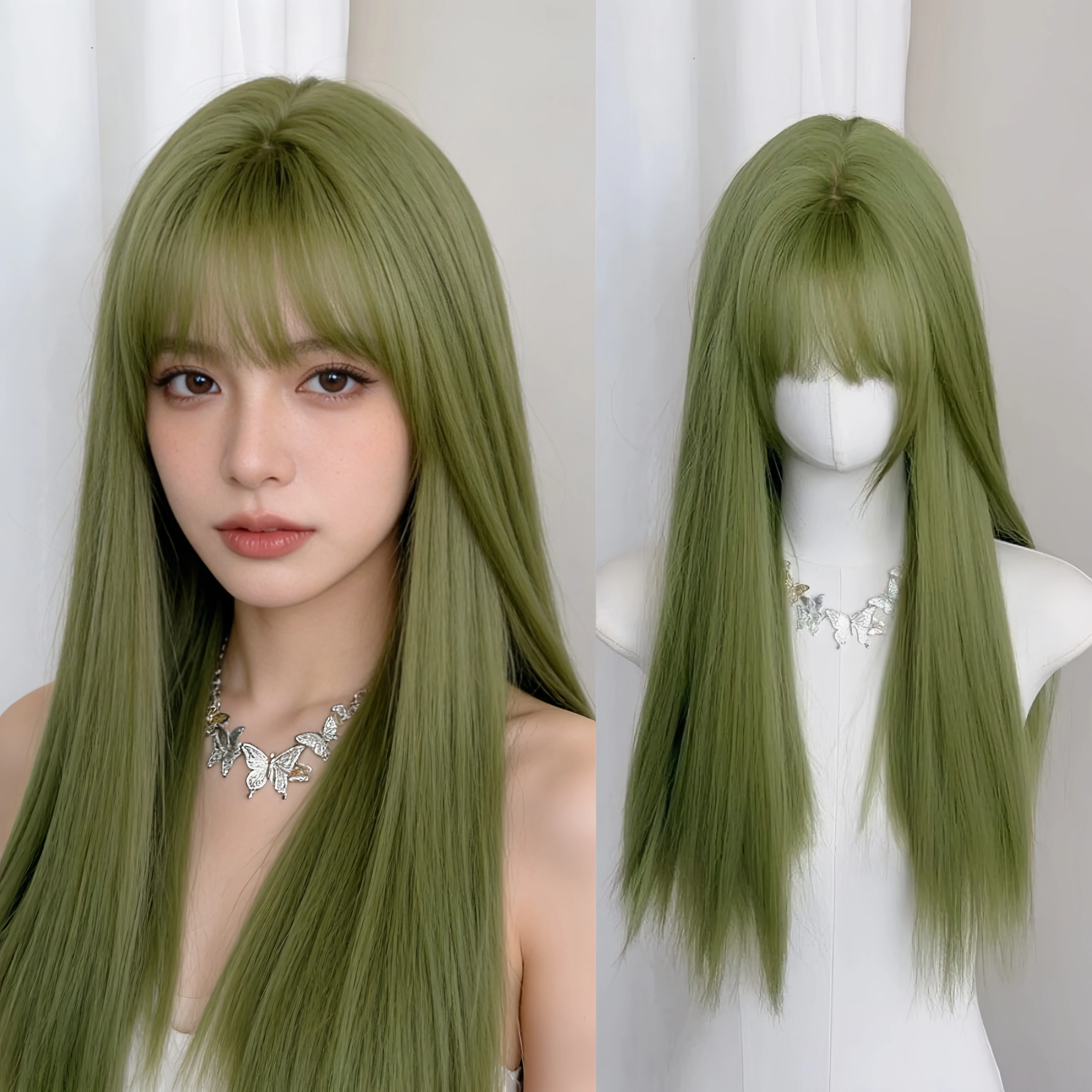 

Ashely Green Wig for Women 24inch Long Straight Hair Wigs Cosplay פאה Headband Wigs Lolita Cute High Temperature Fibers Hair 가발